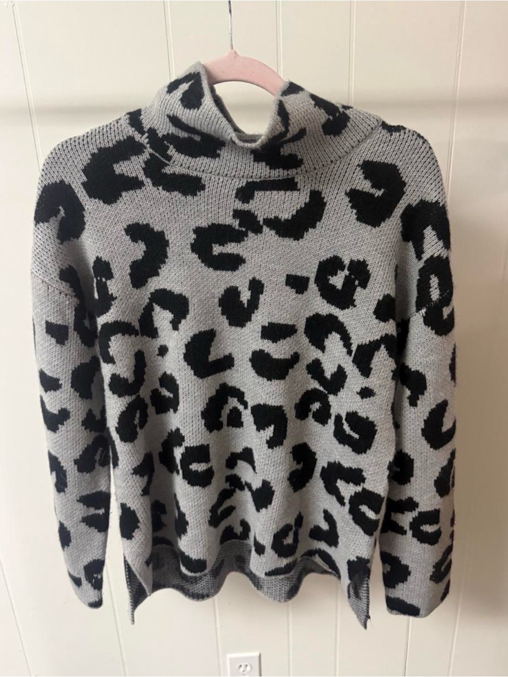 DKNY Grey and Black Leopard Print Turtleneck Sweater